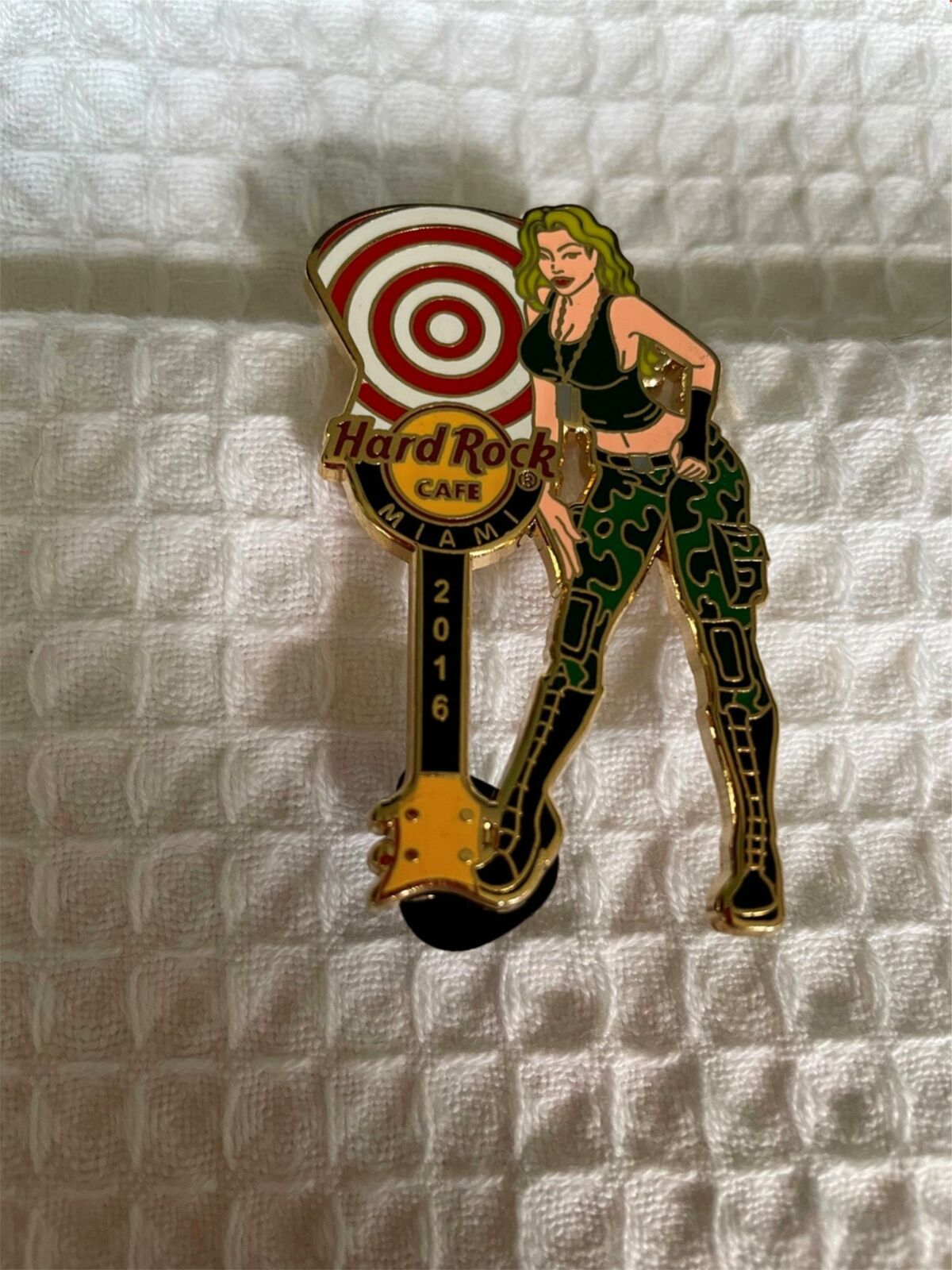 Hard Rock Cafe Pin Miami ~ Bad Girl Series Blonde In Camo Pants W Target Guitar