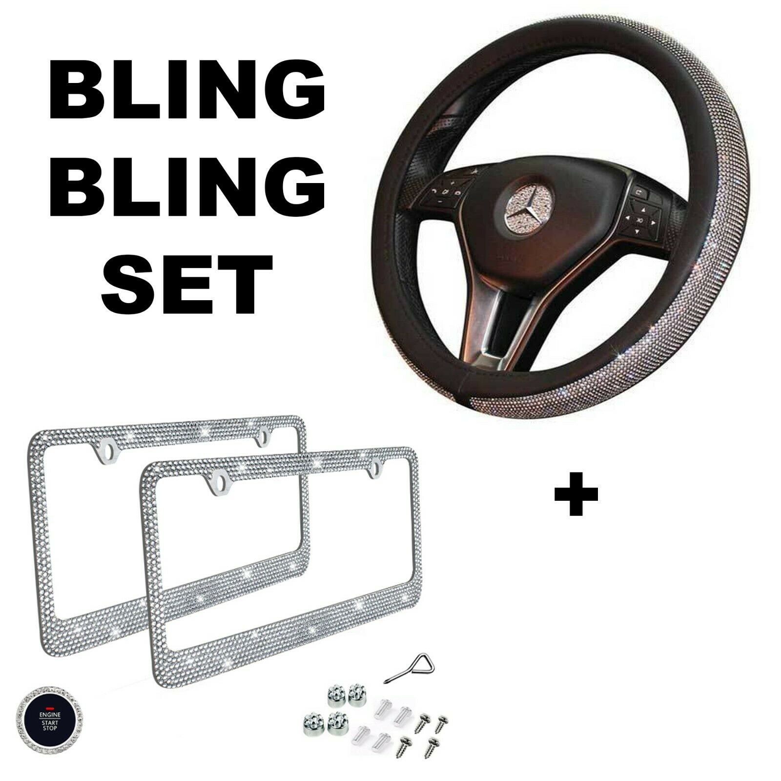 Car Bling Set Steering Wheel Cover License Plate Frame Ring Sticker