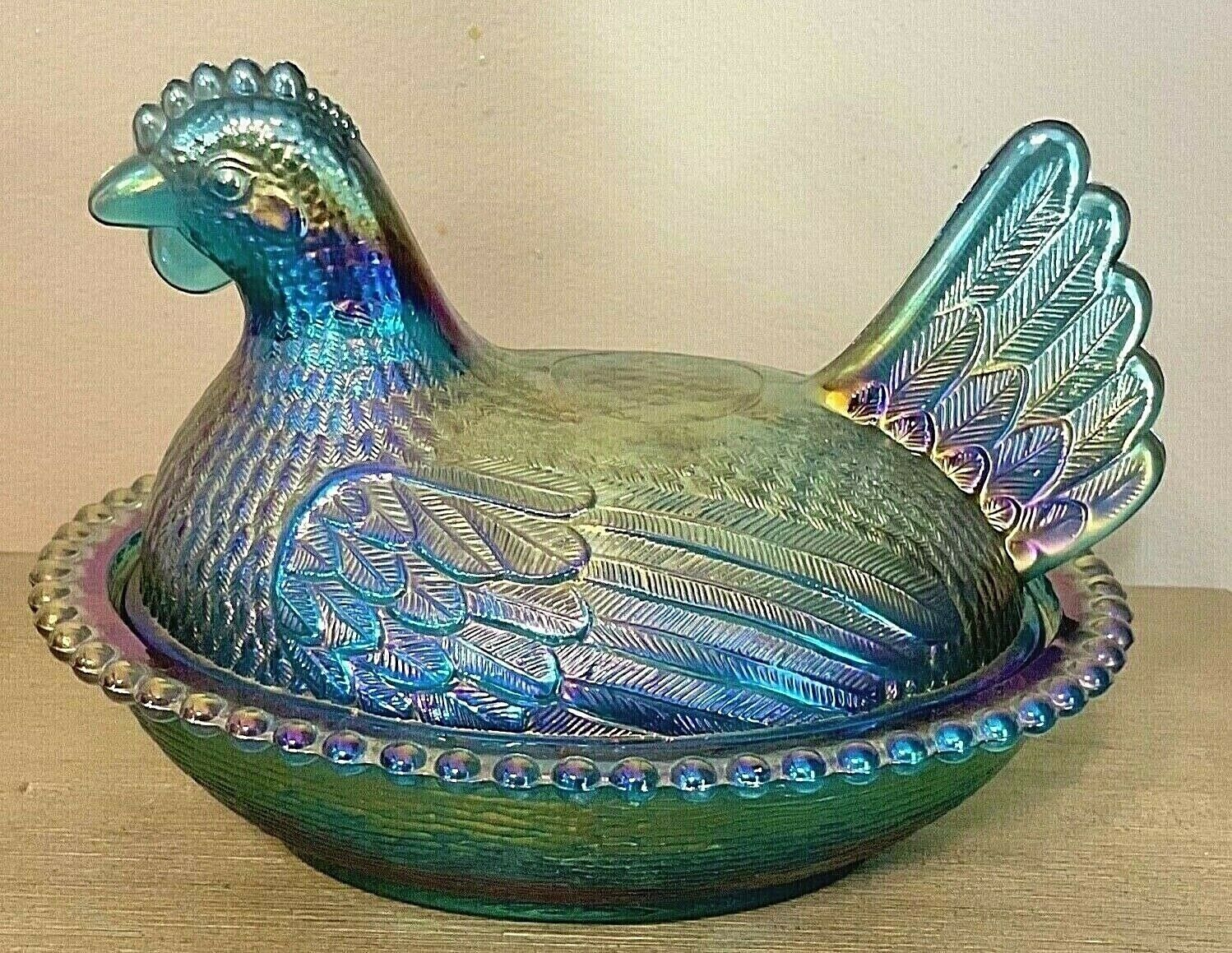 Indiana Glass Iridescent Horizon Blue Carnival Hen On Nest Covered Candy Dish