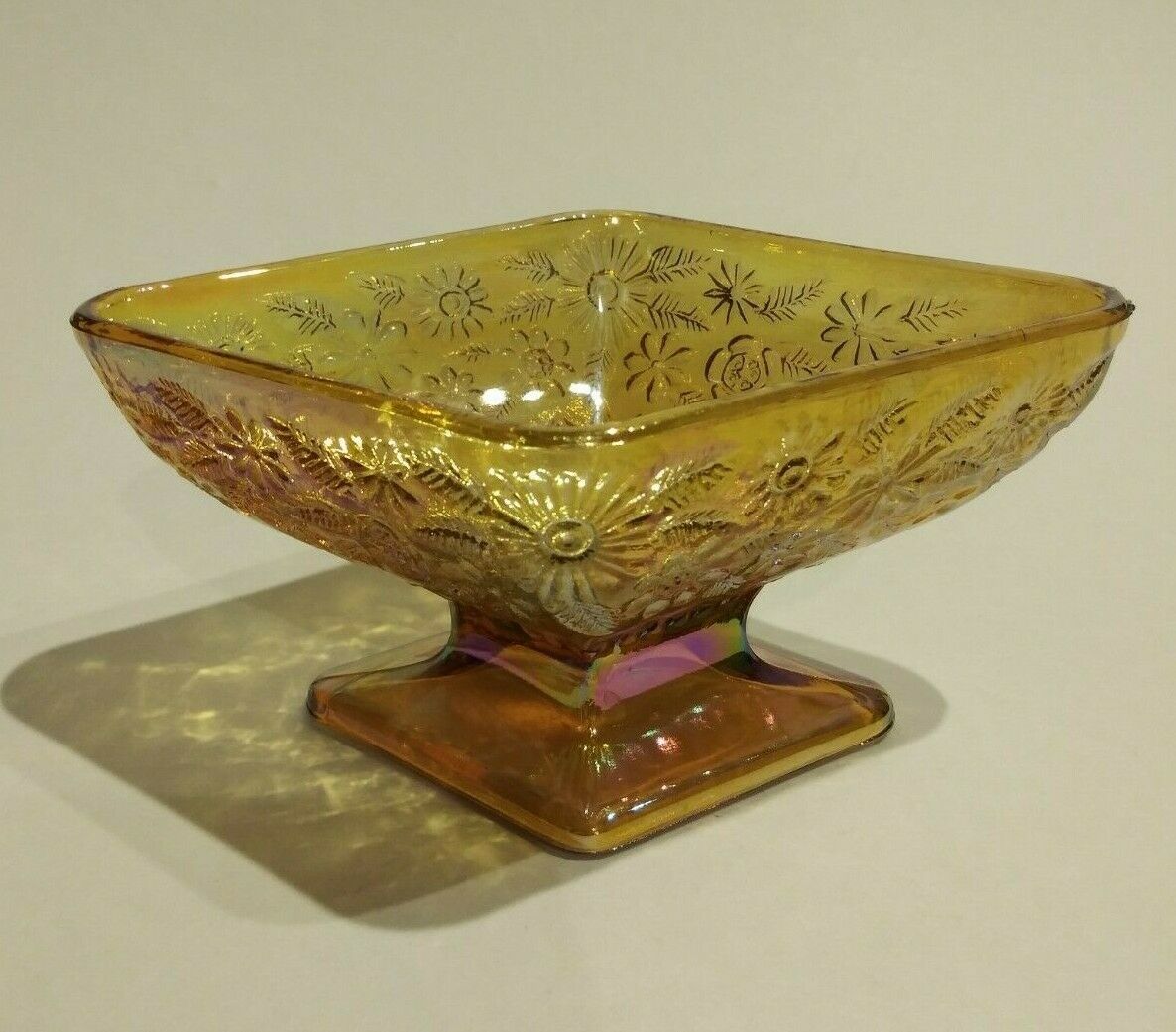 Vintage Indiana Carnival Glass Iridescent Amber Diamond Footed Candy Dish