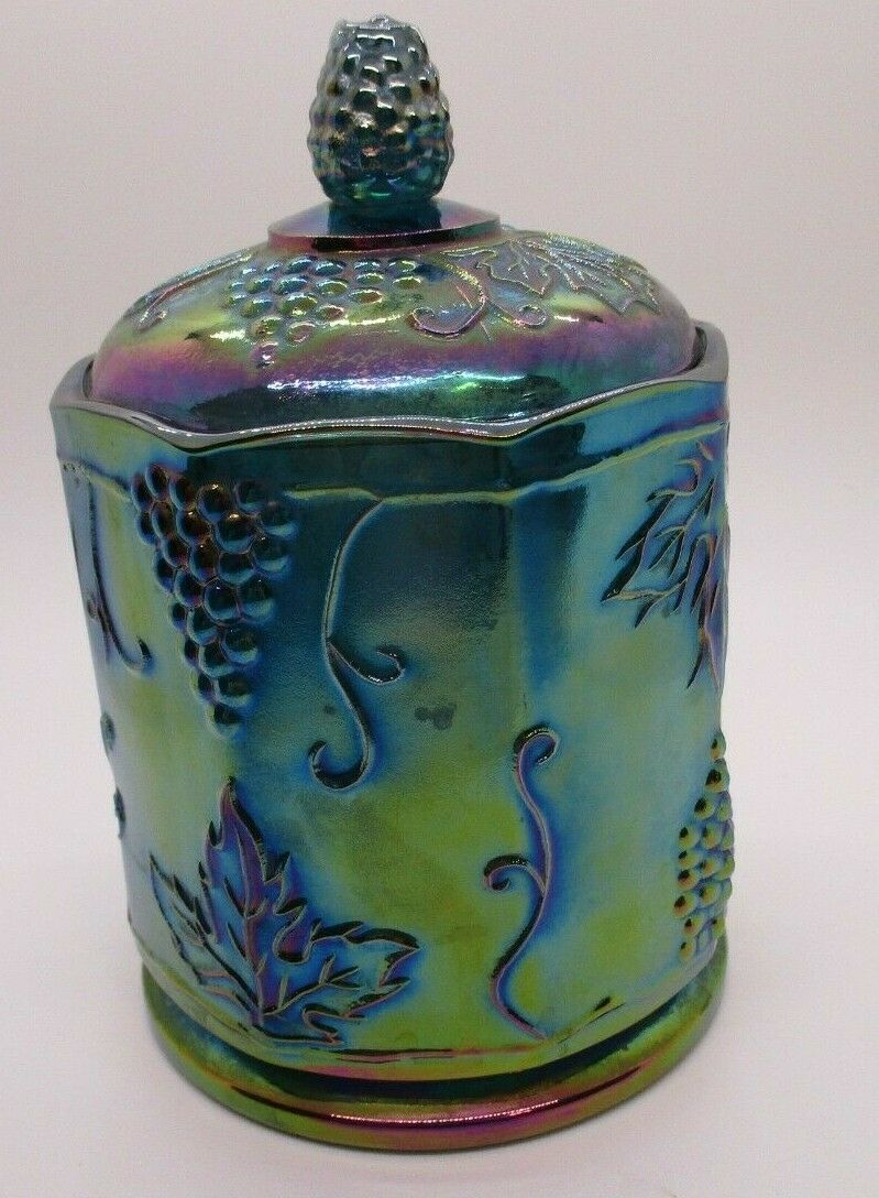 Vintage Indiana Glass Iridescent Blue Grape And Leaf Pattern Cannister - 7"